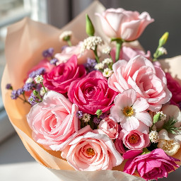 A soft pastel flower bouquet with pink, lavender, and white flowers, wrapped in cream paper, gentle sunlight, cozy aesthetic, romantic vibe, ultra realistic, DSLR photography, depth of field, 4K