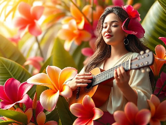 Crea un fondo 1:1 ultrarealista tropical vallenato con con dos modelos una con un acordeon tocando y su compañera con un tacón en mano 3D con ropa que este adaptada al ambiente una luz fuerte detrás de ellas que la resalten del el fondo colores vivos le puedes colocar algunas hojas volando con profundidad todo combinado y profesional y no coloques mas textos o letras