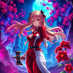 Breathtaking high-definition anime illustration of Nobara Kugisaki from Jujutsu Kaisen, standing in a vibrant, surreal horror wonderland. The background features crumbling gothic ruins illuminated by iridescent purple and neon teal mist, twisted trees with glowing crimson leaves. She wears her signature red and white outfit, her strawberry blonde hair flowing dramatically in the wind. Her large chest is highlighted by soft, cinematic backlighting casting rich, dramatic shadows. She wields a heavy metal hammer and long hairpins with metallic sheen. Her expressive eyes gaze directly at the viewer with intense emotion. The scene is a riot of color—deep crimsons, electric blues, and warm golds—creating a stunningly beautiful yet eerie atmosphere. Sharp focus on detailed anatomy, intricate textures, and high-contrast lighting, masterpiece quality, 8K, cinematic composition.