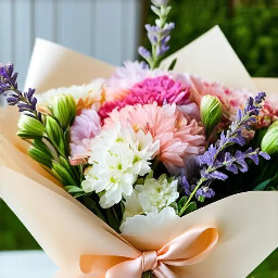 A soft pastel flower bouquet with pink, lavender, and white flowers, wrapped in cream paper, gentle sunlight, cozy aesthetic, romantic vibe, ultra realistic, DSLR photography, depth of field, 4K