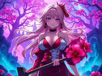 Breathtaking high-definition anime illustration of Nobara Kugisaki from Jujutsu Kaisen, standing in a vibrant, surreal horror wonderland. The background features crumbling gothic ruins illuminated by iridescent purple and neon teal mist, twisted trees with glowing crimson leaves. She wears her signature red and white outfit, her strawberry blonde hair flowing dramatically in the wind. Her large chest is highlighted by soft, cinematic backlighting casting rich, dramatic shadows. She wields a heavy metal hammer and long hairpins with metallic sheen. Her expressive eyes gaze directly at the viewer with intense emotion. The scene is a riot of color—deep crimsons, electric blues, and warm golds—creating a stunningly beautiful yet eerie atmosphere. Sharp focus on detailed anatomy, intricate textures, and high-contrast lighting, masterpiece quality, 8K, cinematic composition.