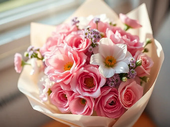 A soft pastel flower bouquet with pink, lavender, and white flowers, wrapped in cream paper, gentle sunlight, cozy aesthetic, romantic vibe, ultra realistic, DSLR photography, depth of field, 4K