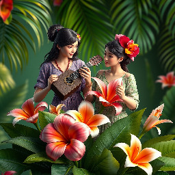 Crea un fondo 1:1 ultrarealista tropical vallenato con con dos modelos una con un acordeon tocando y su compañera con un tacón en mano 3D con ropa que este adaptada al ambiente una luz fuerte detrás de ellas que la resalten del el fondo colores vivos le puedes colocar algunas hojas volando con profundidad todo combinado y profesional y no coloques mas textos o letras