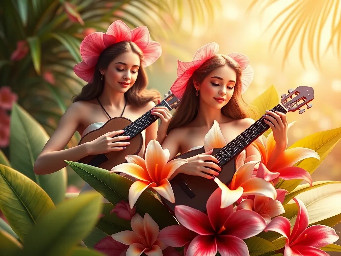 Crea un fondo 1:1 ultrarealista tropical vallenato con con dos modelos una con un acordeon tocando y su compañera con un tacón en mano 3D con ropa que este adaptada al ambiente una luz fuerte detrás de ellas que la resalten del el fondo colores vivos le puedes colocar algunas hojas volando con profundidad todo combinado y profesional y no coloques mas textos o letras