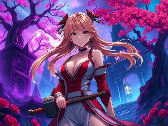 Breathtaking high-definition anime illustration of Nobara Kugisaki from Jujutsu Kaisen, standing in a vibrant, surreal horror wonderland. The background features crumbling gothic ruins illuminated by iridescent purple and neon teal mist, twisted trees with glowing crimson leaves. She wears her signature red and white outfit, her strawberry blonde hair flowing dramatically in the wind. Her large chest is highlighted by soft, cinematic backlighting casting rich, dramatic shadows. She wields a heavy metal hammer and long hairpins with metallic sheen. Her expressive eyes gaze directly at the viewer with intense emotion. The scene is a riot of color—deep crimsons, electric blues, and warm golds—creating a stunningly beautiful yet eerie atmosphere. Sharp focus on detailed anatomy, intricate textures, and high-contrast lighting, masterpiece quality, 8K, cinematic composition.