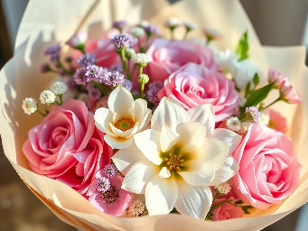A soft pastel flower bouquet with pink, lavender, and white flowers, wrapped in cream paper, gentle sunlight, cozy aesthetic, romantic vibe, ultra realistic, DSLR photography, depth of field, 4K